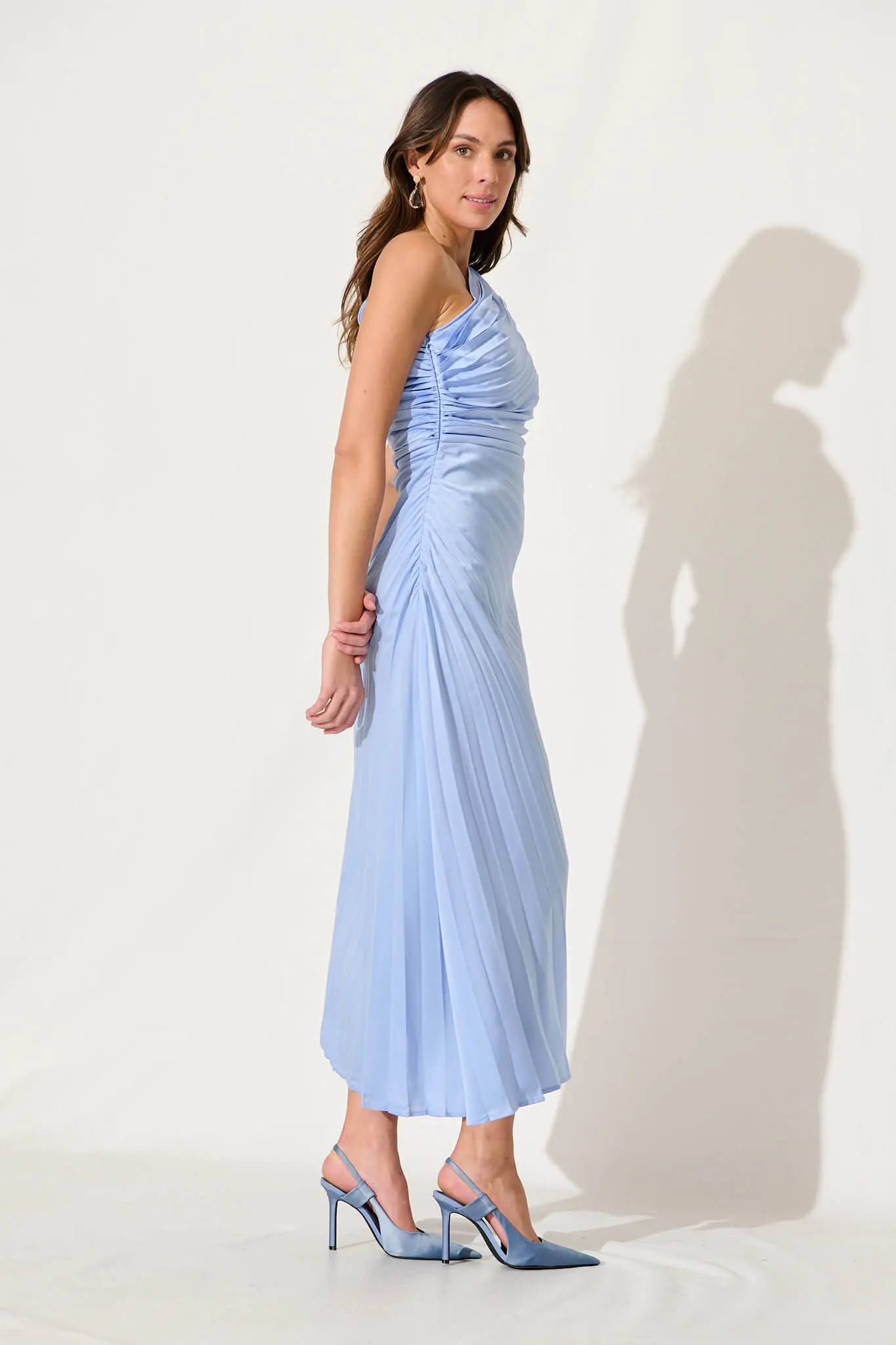 Toulon One Shoulder Maxi Dress In Pale Blue Satin