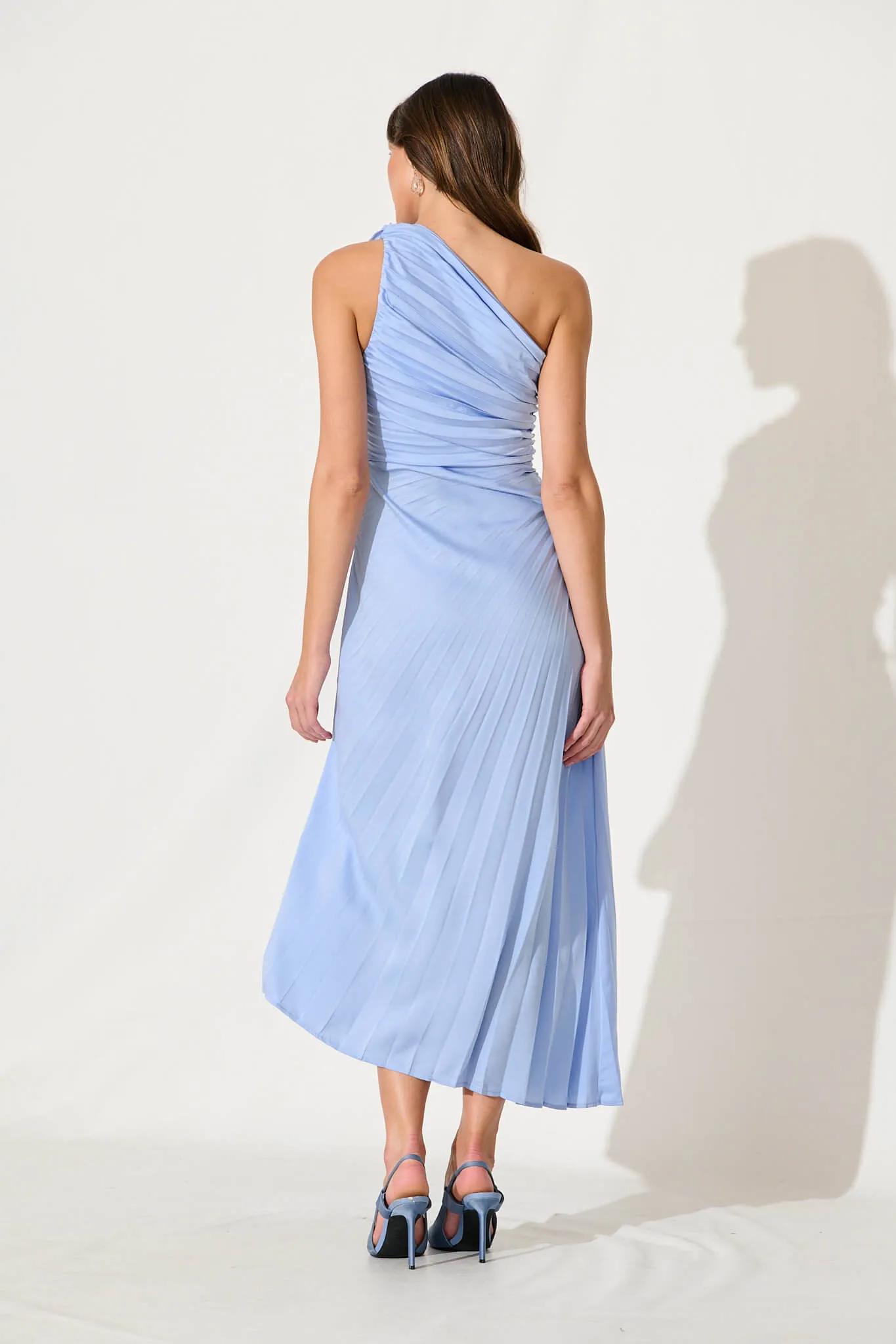 Toulon One Shoulder Maxi Dress In Pale Blue Satin