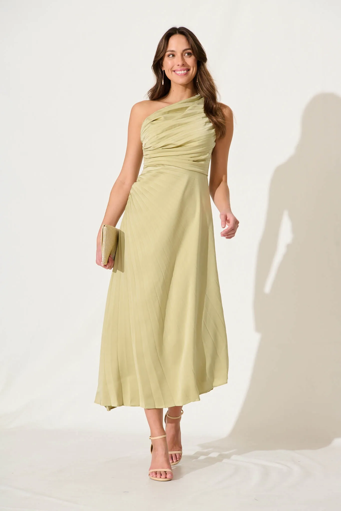 Toulon One Shoulder Maxi Dress In Sage Satin