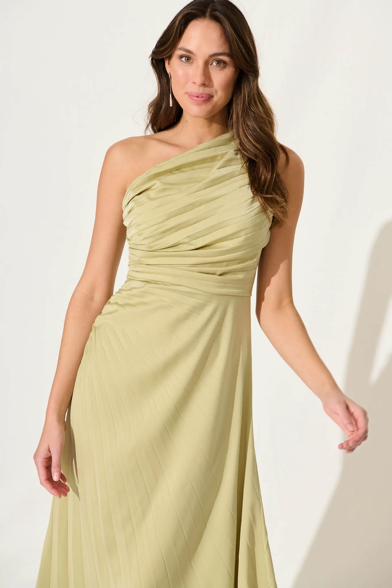 Toulon One Shoulder Maxi Dress In Sage Satin