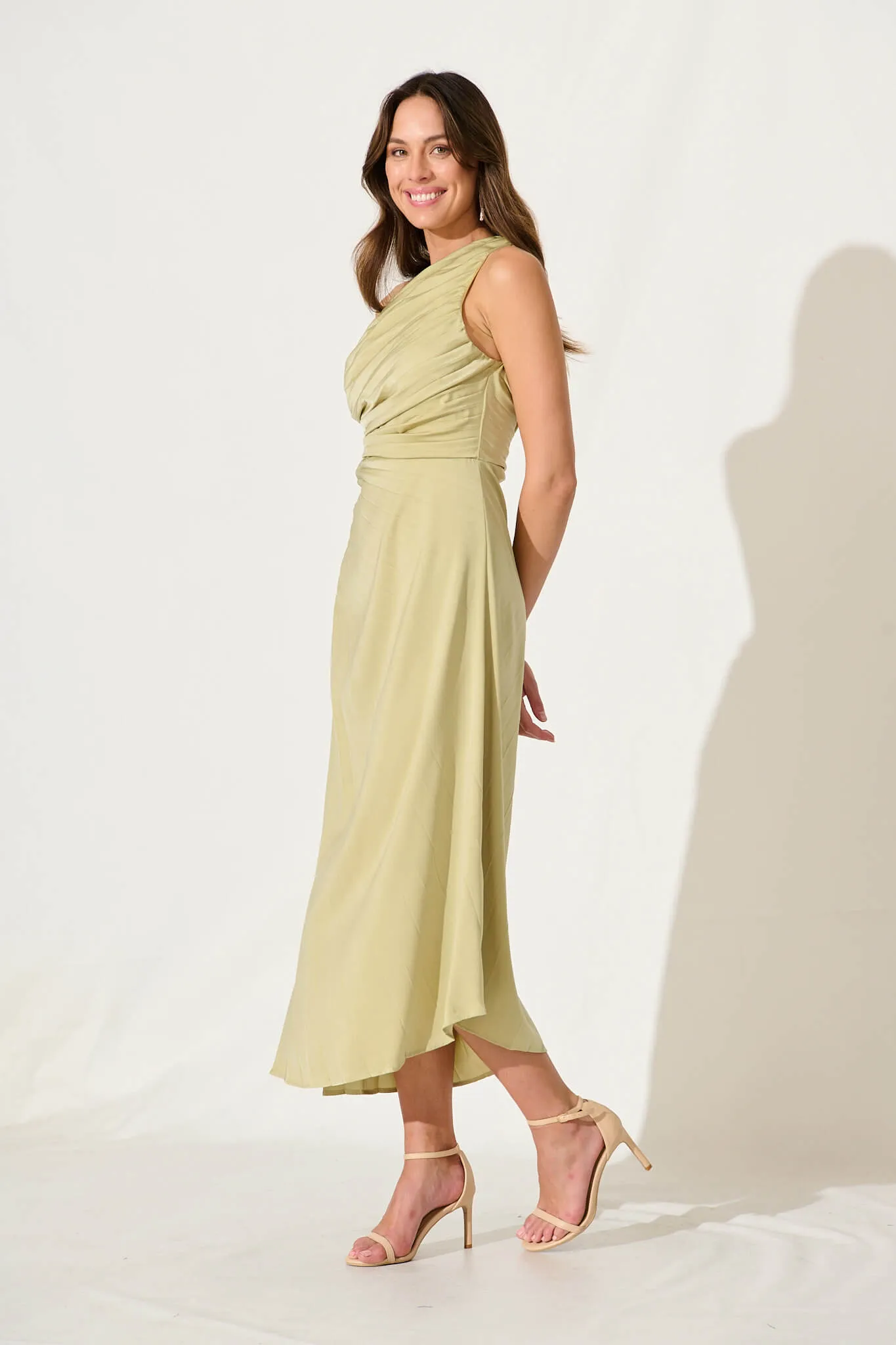 Toulon One Shoulder Maxi Dress In Sage Satin