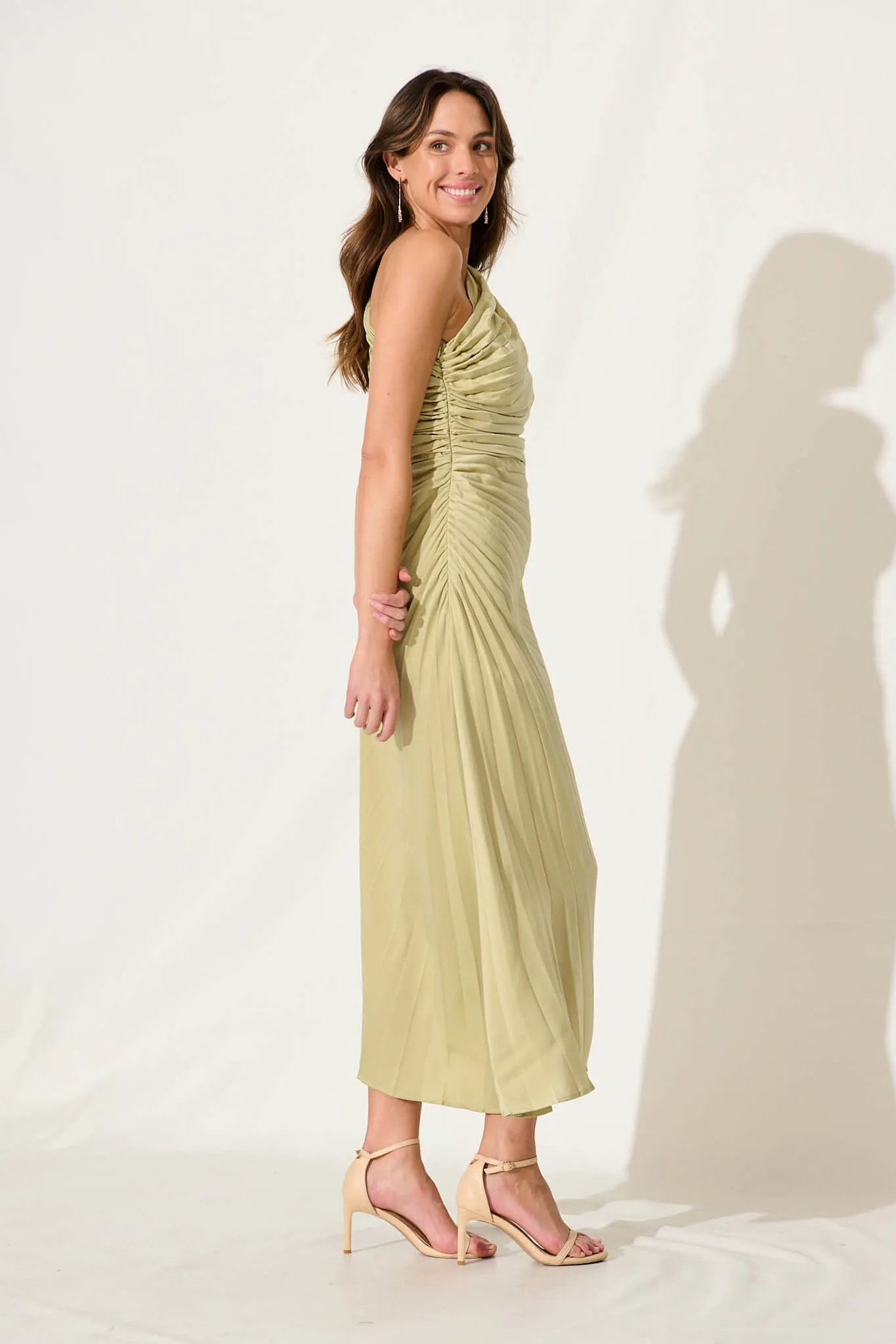 Toulon One Shoulder Maxi Dress In Sage Satin