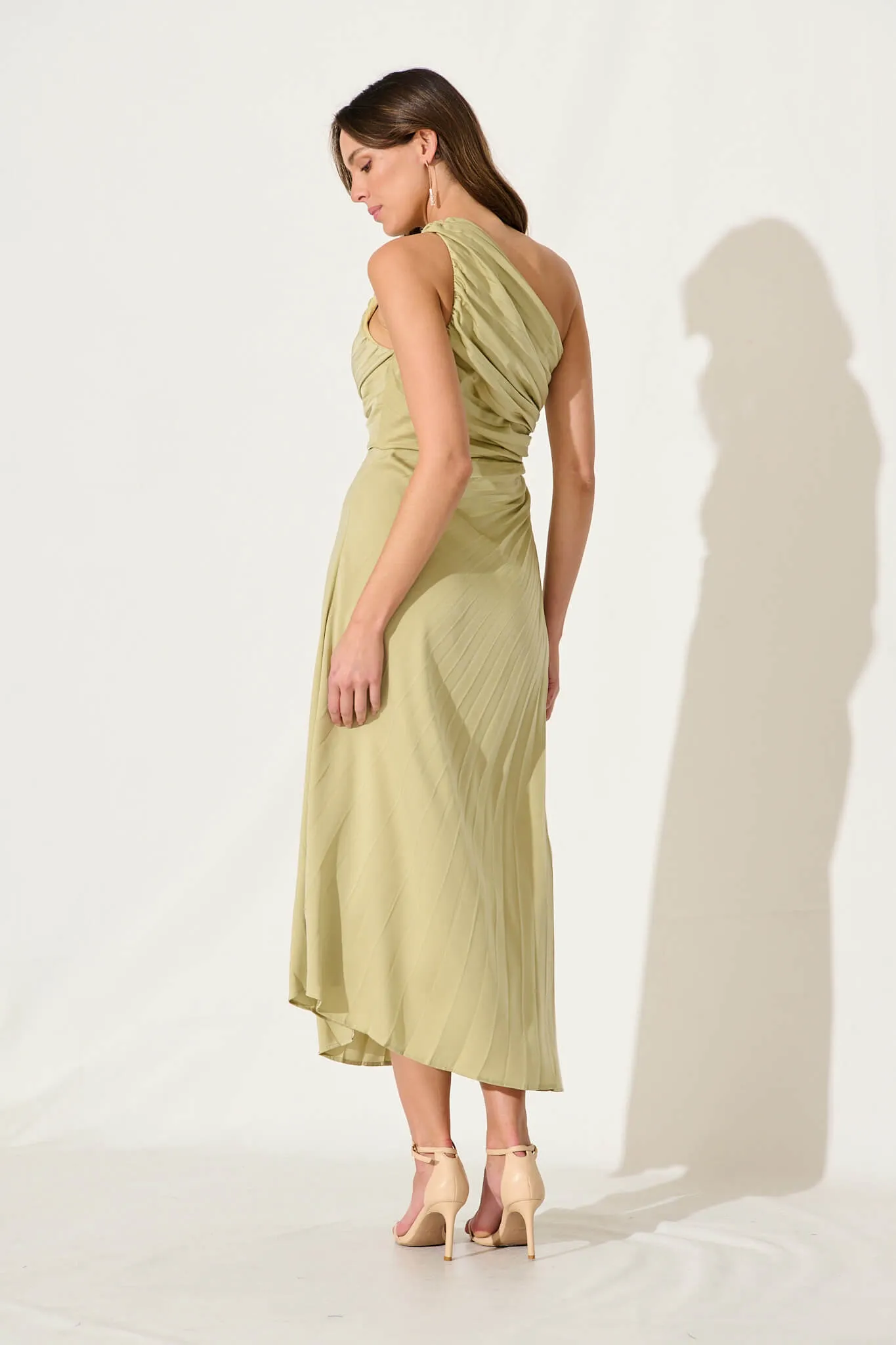 Toulon One Shoulder Maxi Dress In Sage Satin