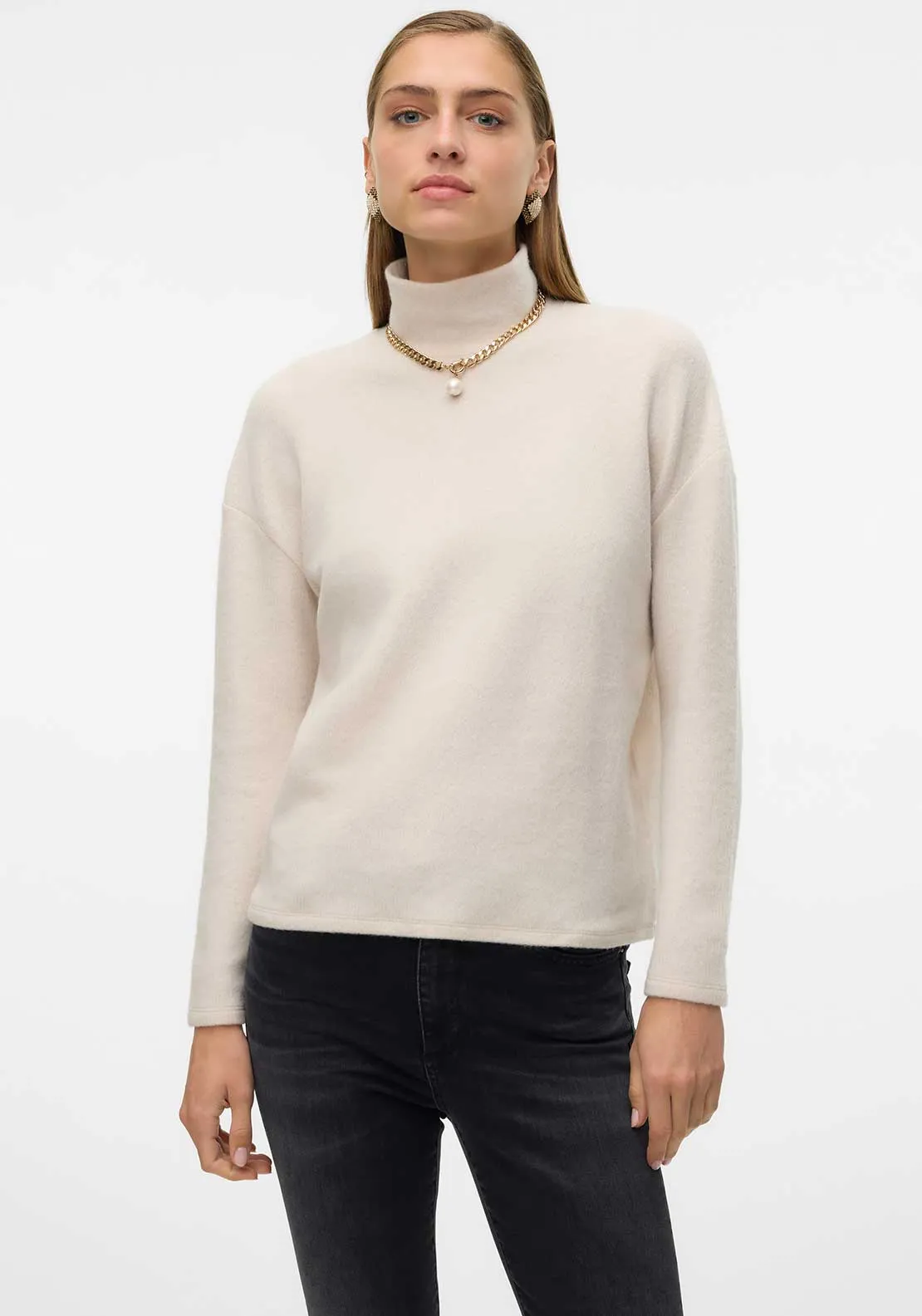 Vero Moda Ebba Polo Neck Fleece Sweater, Beige