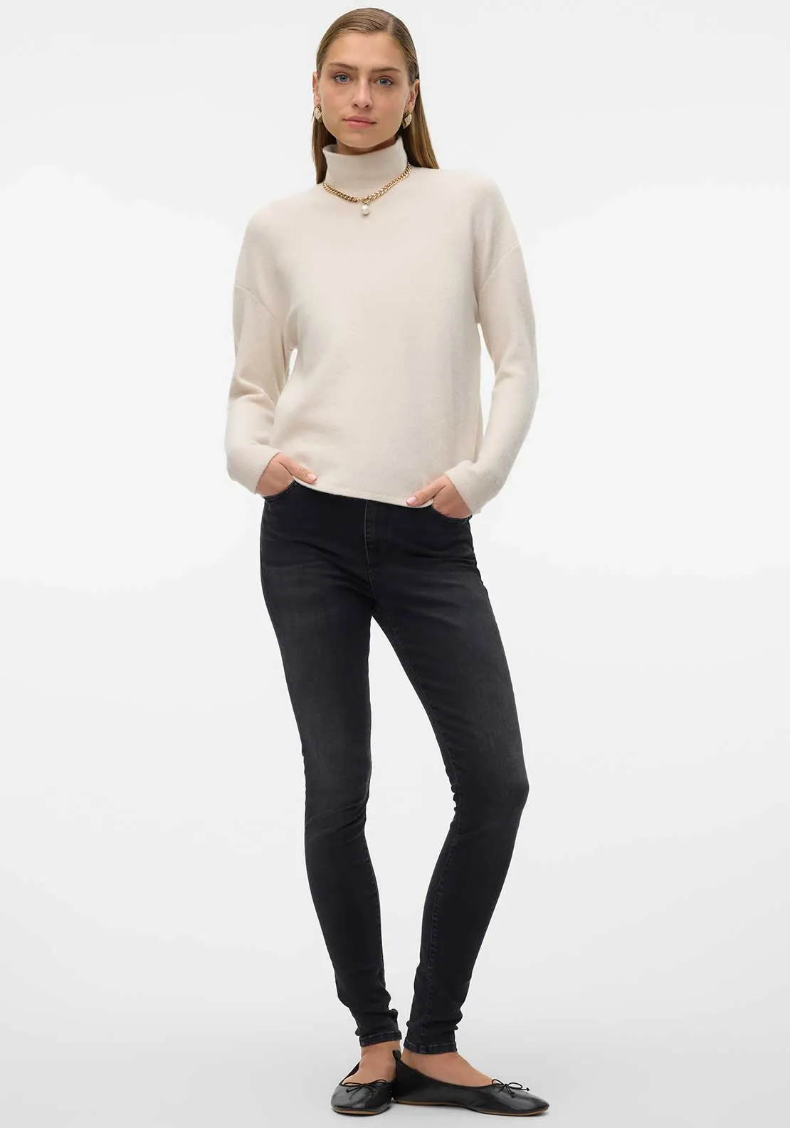 Vero Moda Ebba Polo Neck Fleece Sweater, Beige