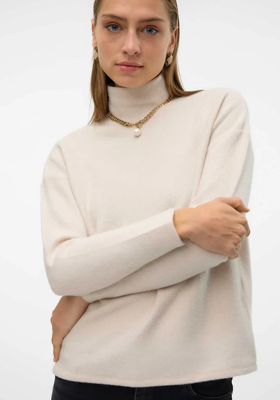 Vero Moda Ebba Polo Neck Fleece Sweater, Beige