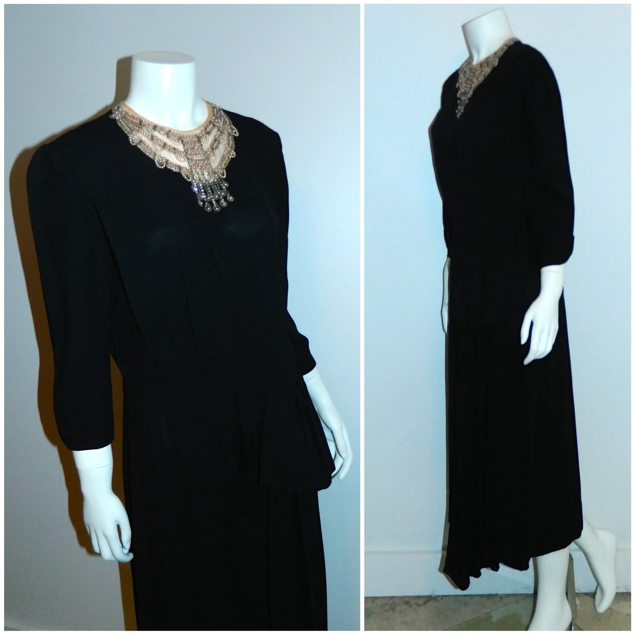 vintage 1930s black crepe dress / Art Deco beaded neckline / rayon crepe cocktail dress M - L