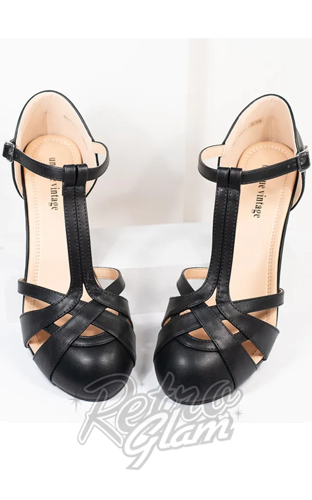 Vintage Black Leather Woven T-Strap Heels