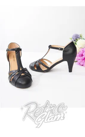 Vintage Black Leather Woven T-Strap Heels