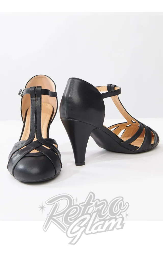 Vintage Black Leather Woven T-Strap Heels