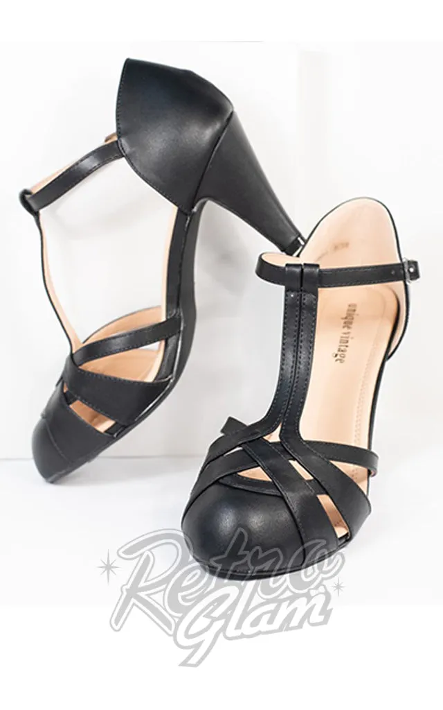 Vintage Black Leather Woven T-Strap Heels