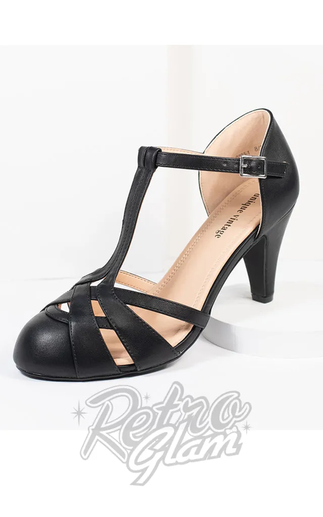 Vintage Black Leather Woven T-Strap Heels