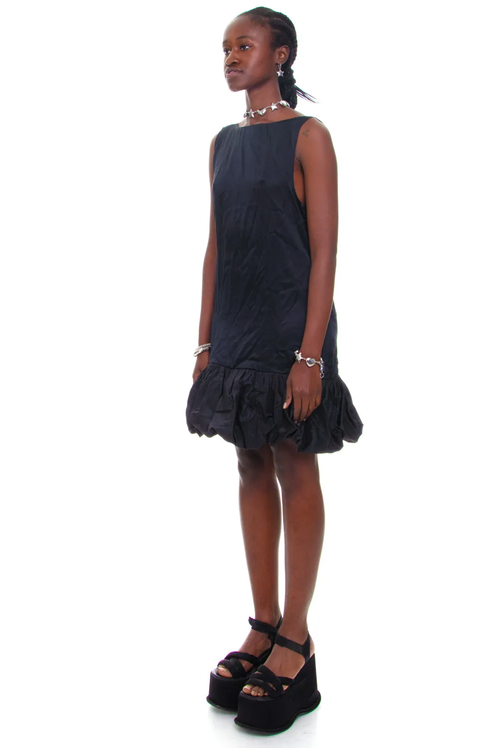 Vintage Y2K Black Silk Bubble Tank Dress - S/M