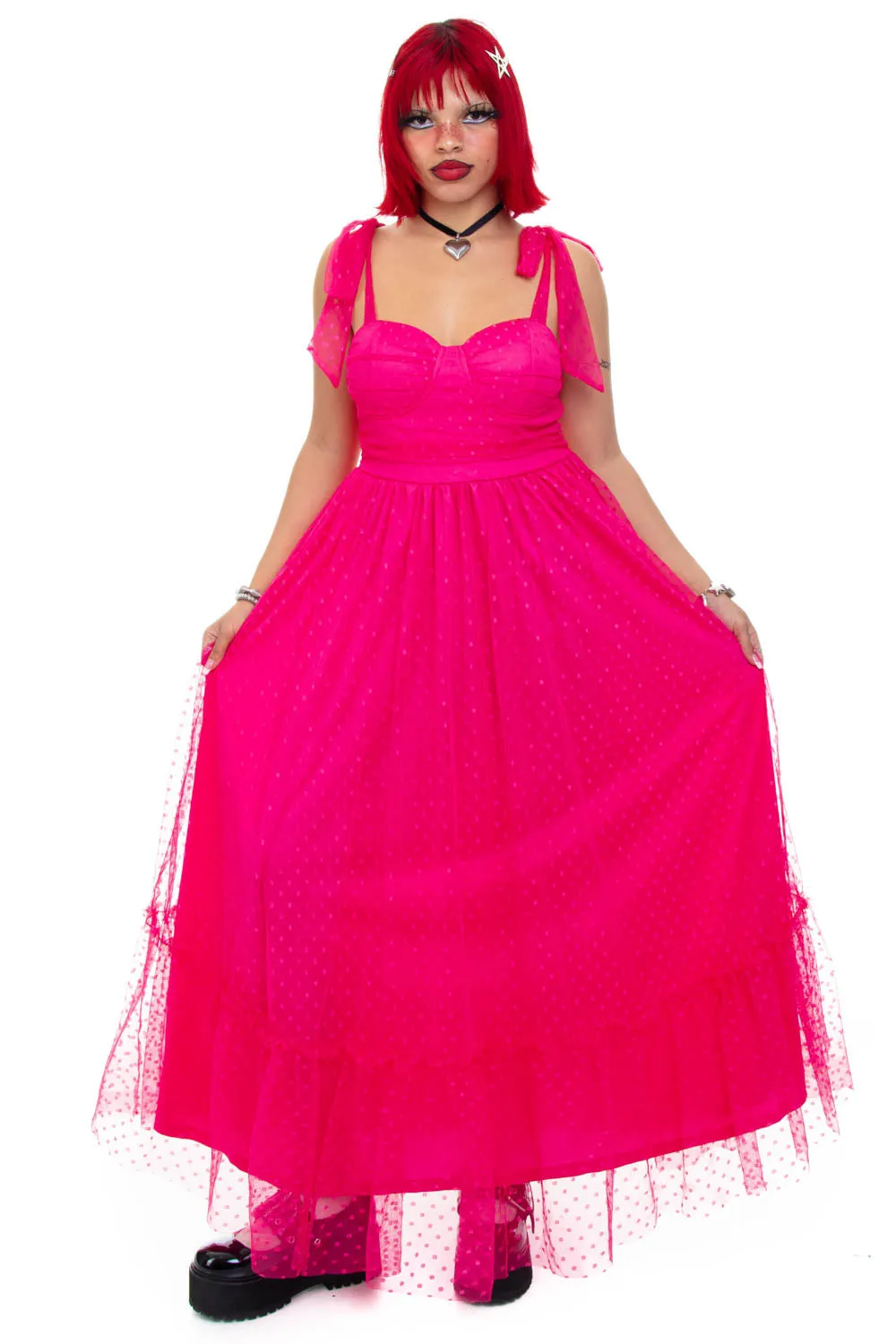 Vintage Y2K Hot Pink Mesh Polka Dot Dress - M/L