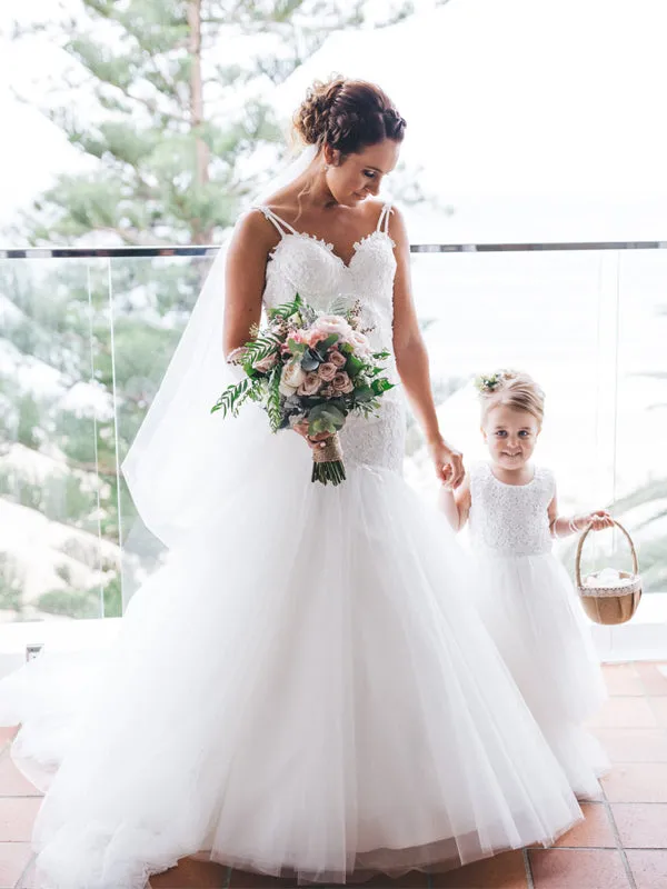 White Lace Mermaid Wedding Dress with Spaghetti Straps and Tulle - DB0169