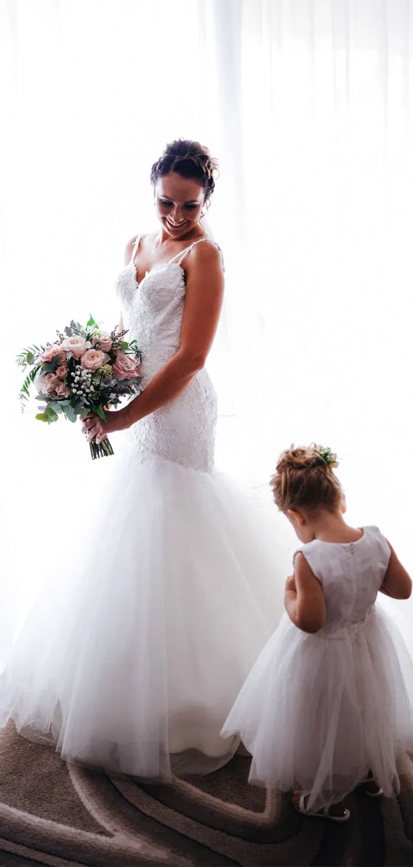 White Lace Mermaid Wedding Dress with Spaghetti Straps and Tulle - DB0169