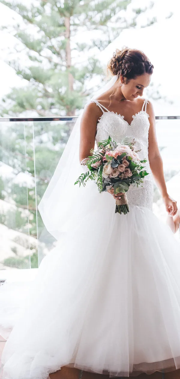 White Lace Mermaid Wedding Dress with Spaghetti Straps and Tulle - DB0169