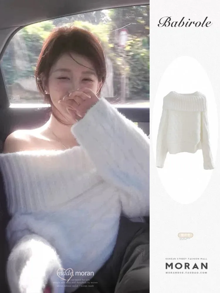 White off-shoulder one-neck sweater for women in autumn and winter, lazy style, pure lust, sweet hot girl, super nice thick knit