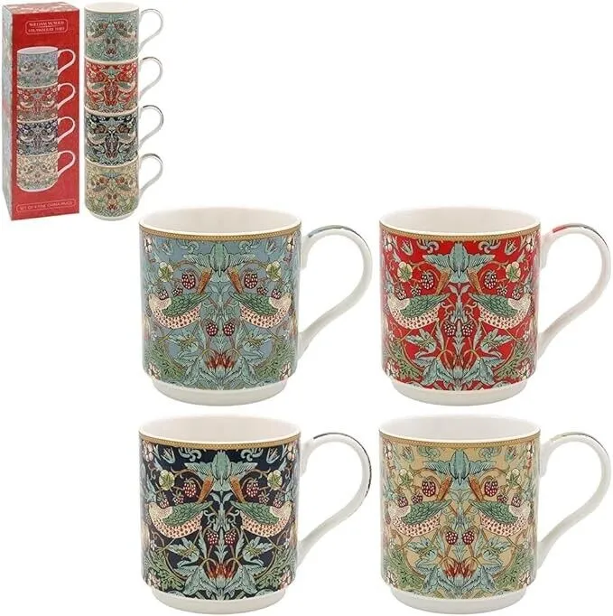 William Morris Strawberry Thief- Set of 4 Fine China Stacking Mugs