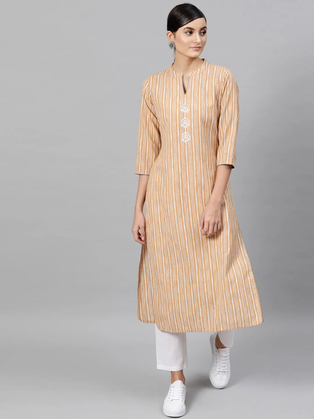 Women Beige White Striped Kurta with Trousers