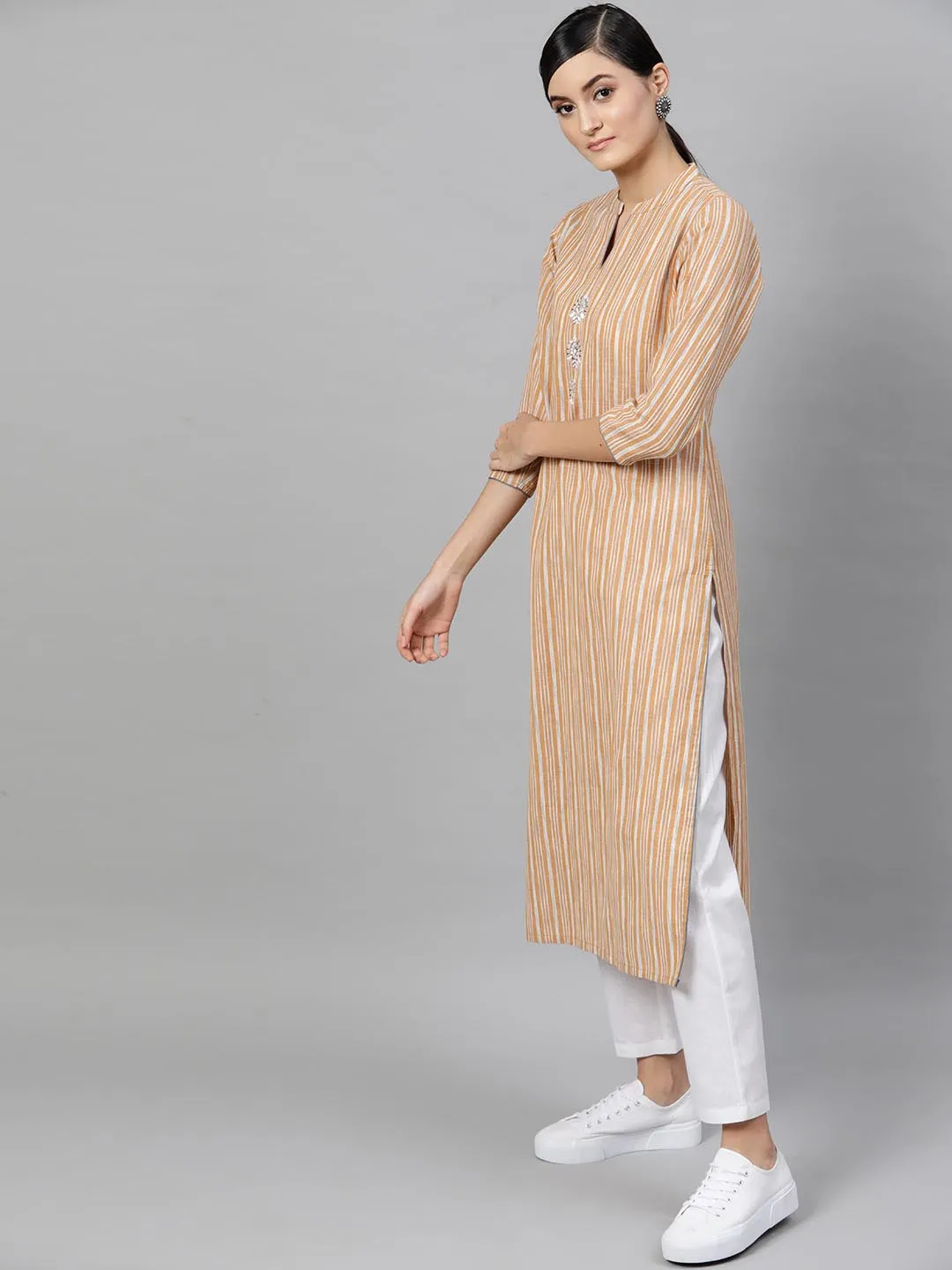 Women Beige White Striped Kurta with Trousers