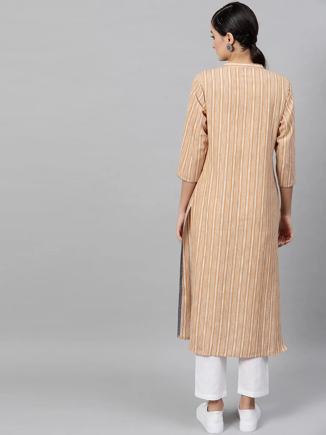 Women Beige White Striped Kurta with Trousers