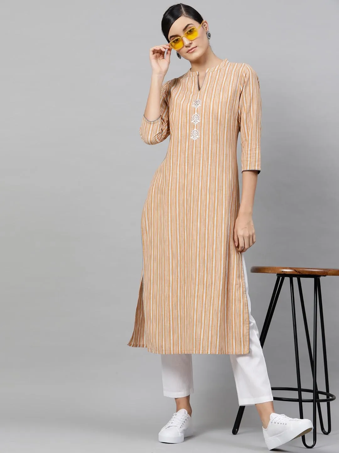 Women Beige White Striped Kurta with Trousers