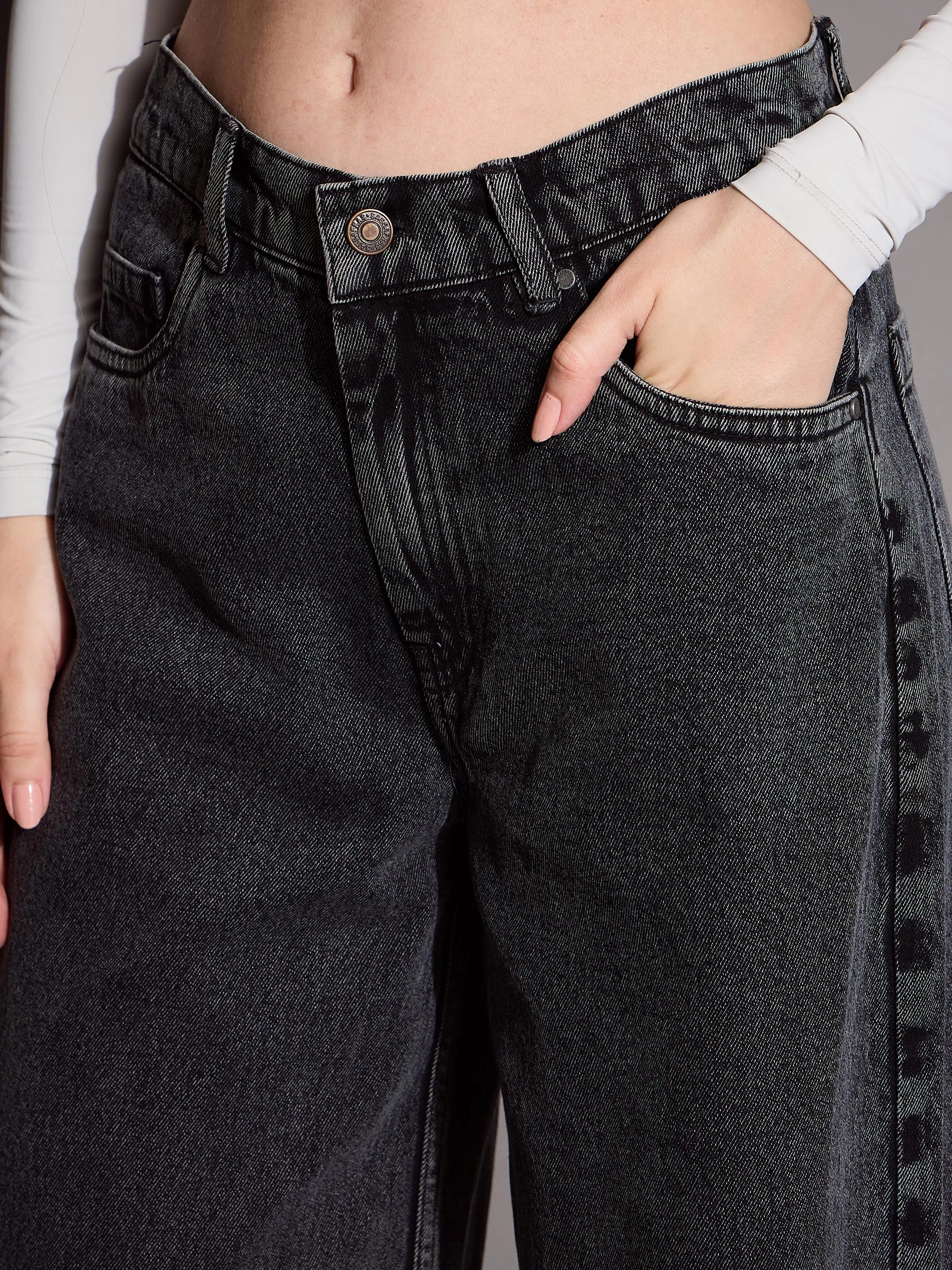 Women Black Low Waist Wide Leg Jeans