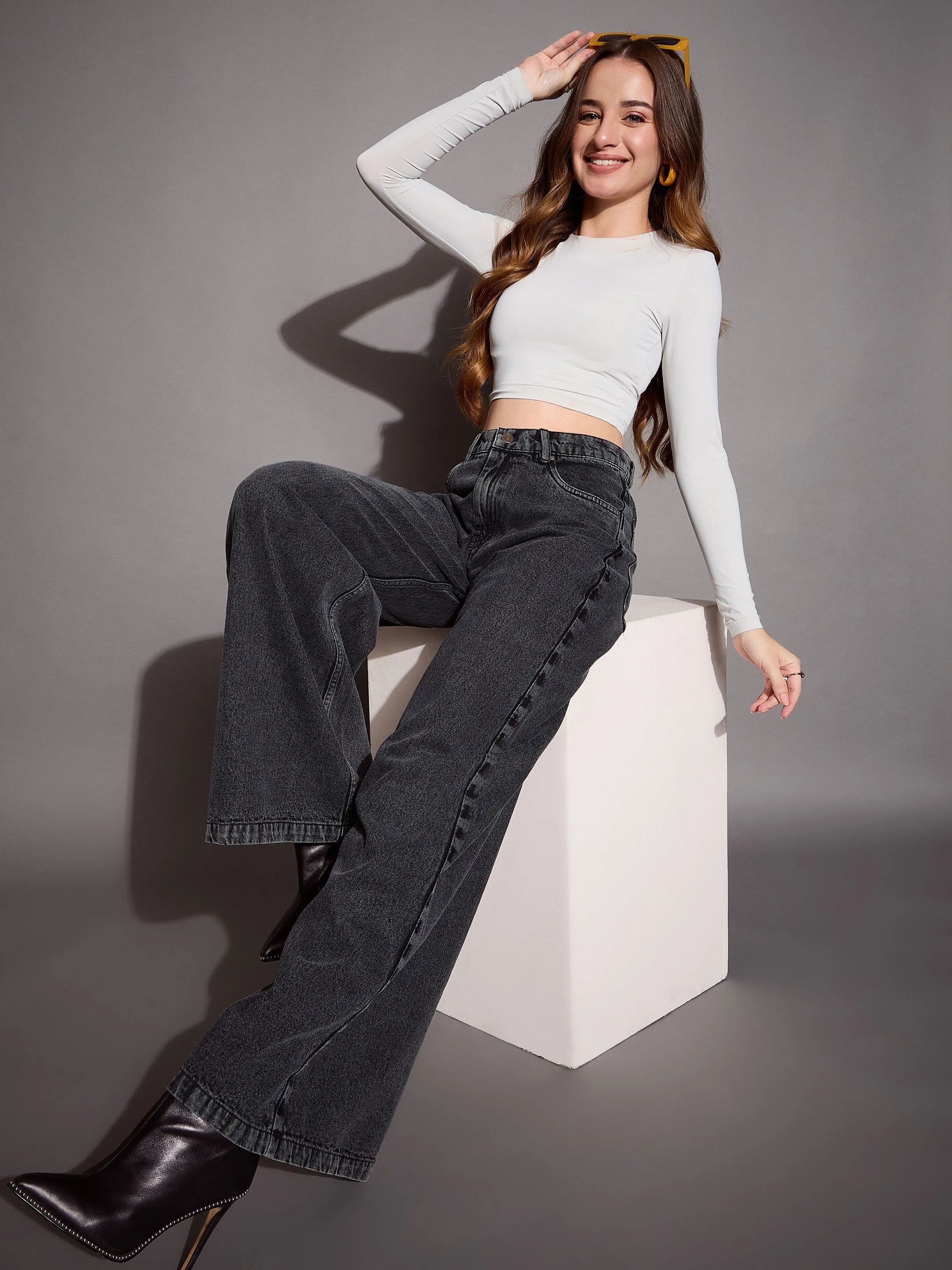 Women Black Low Waist Wide Leg Jeans