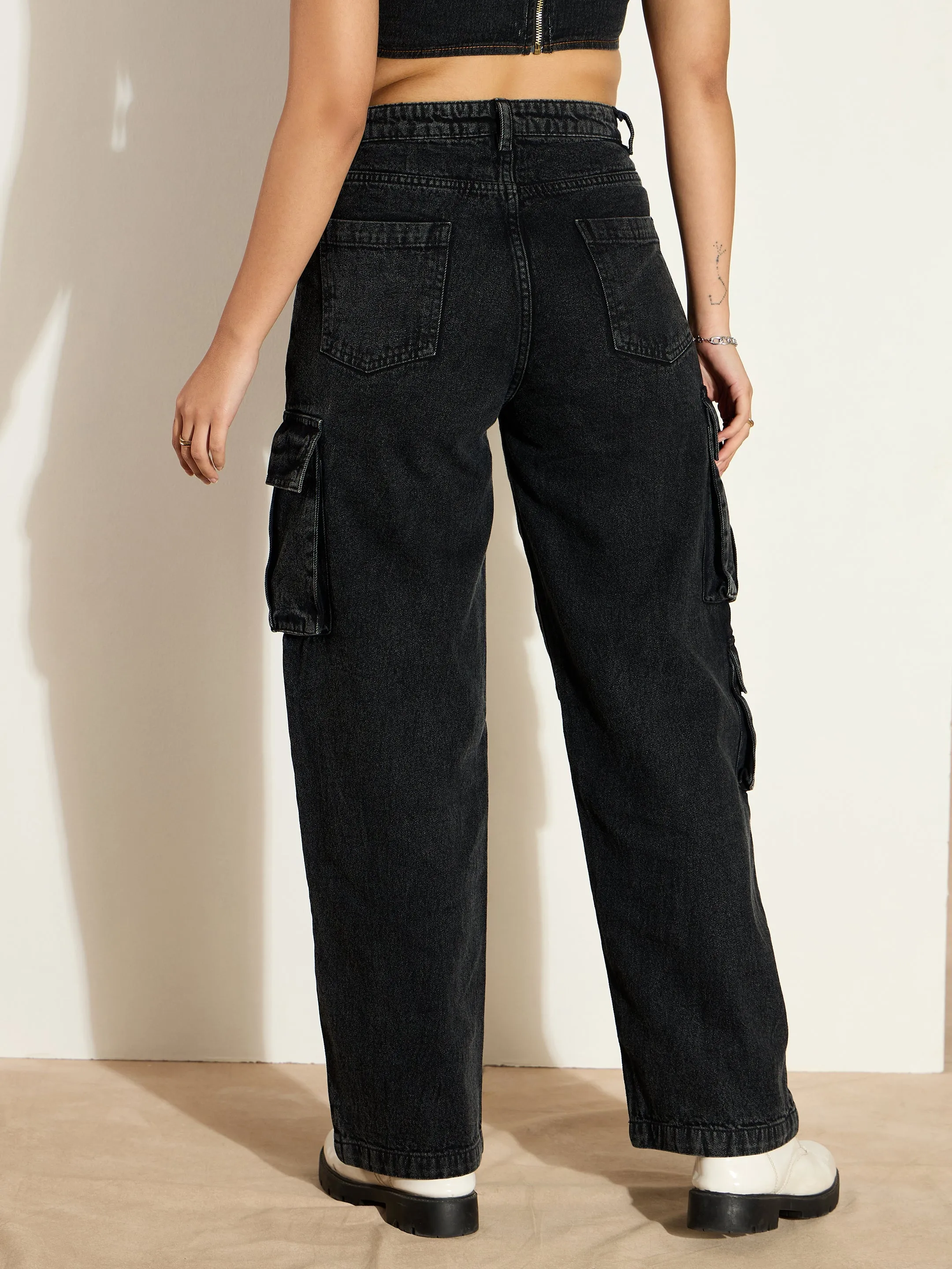 Women Black Washed Denim Cargo Jeans