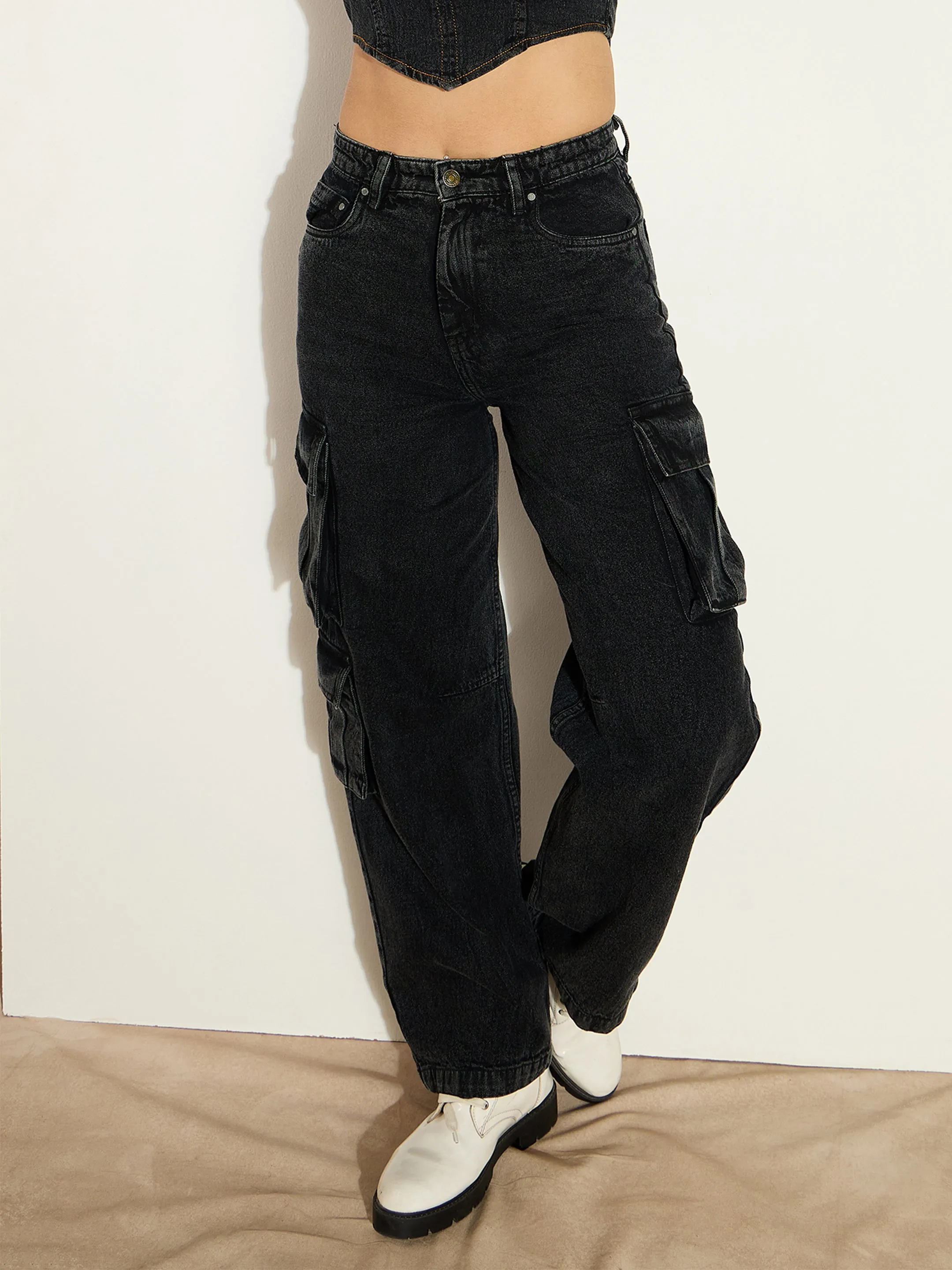 Women Black Washed Denim Cargo Jeans