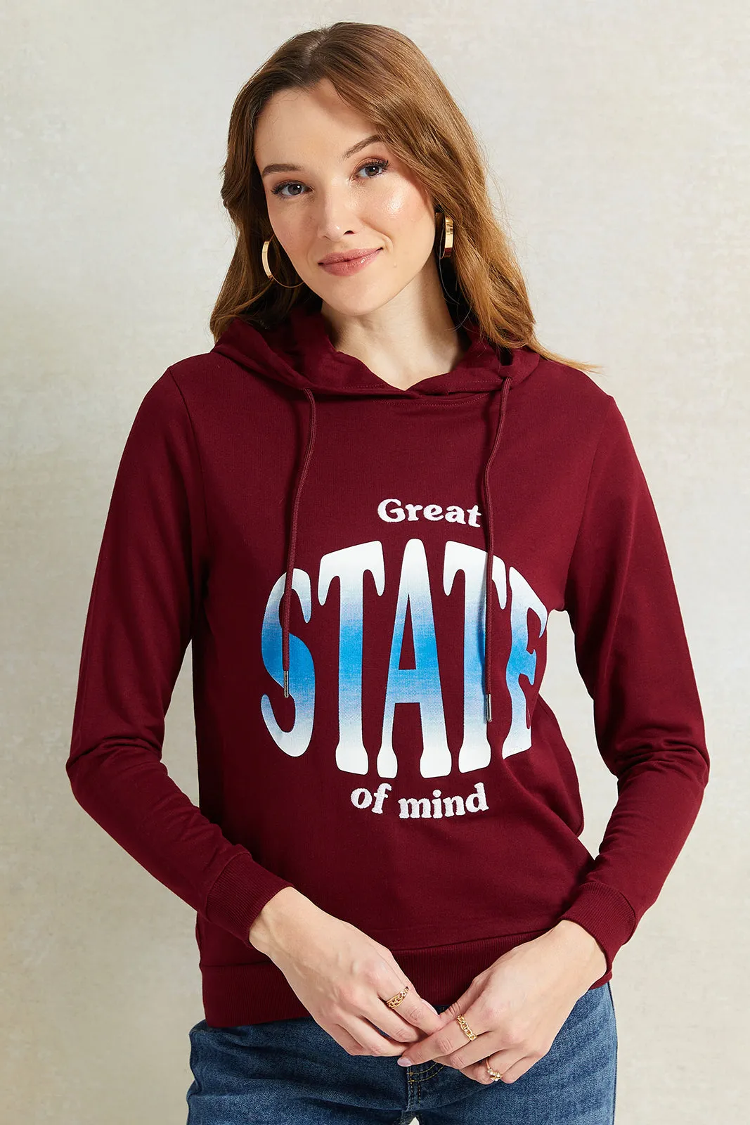 Women Burgundy Print Hooded Sweatshirt