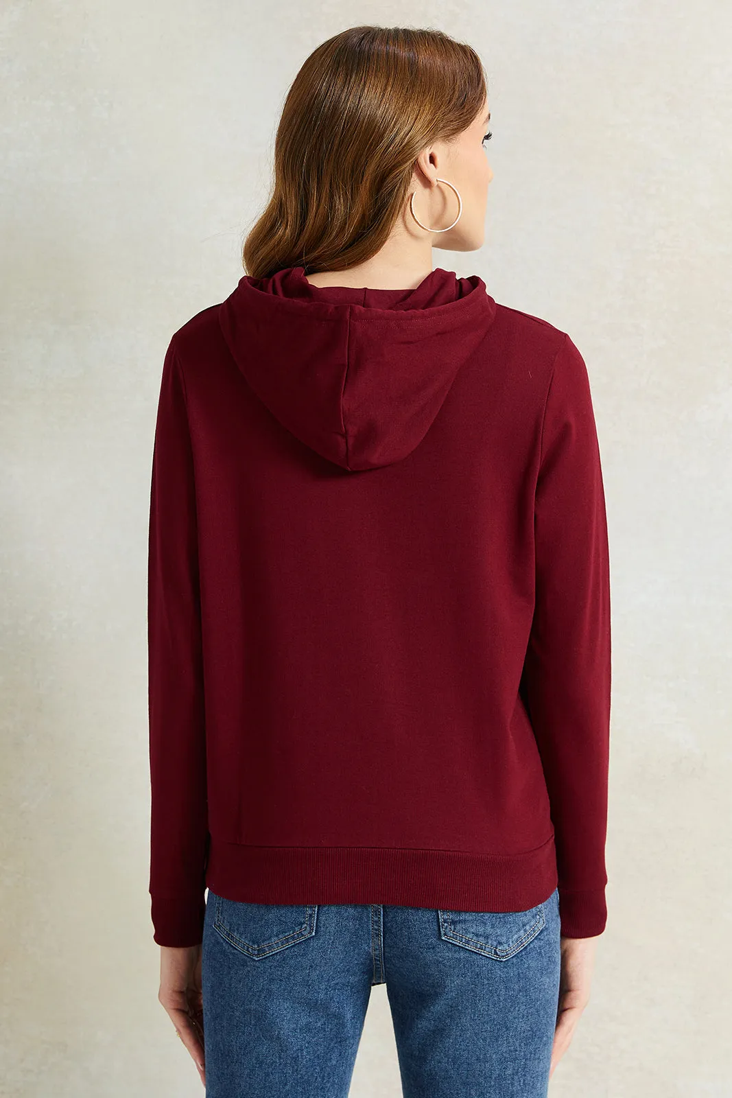 Women Burgundy Print Hooded Sweatshirt