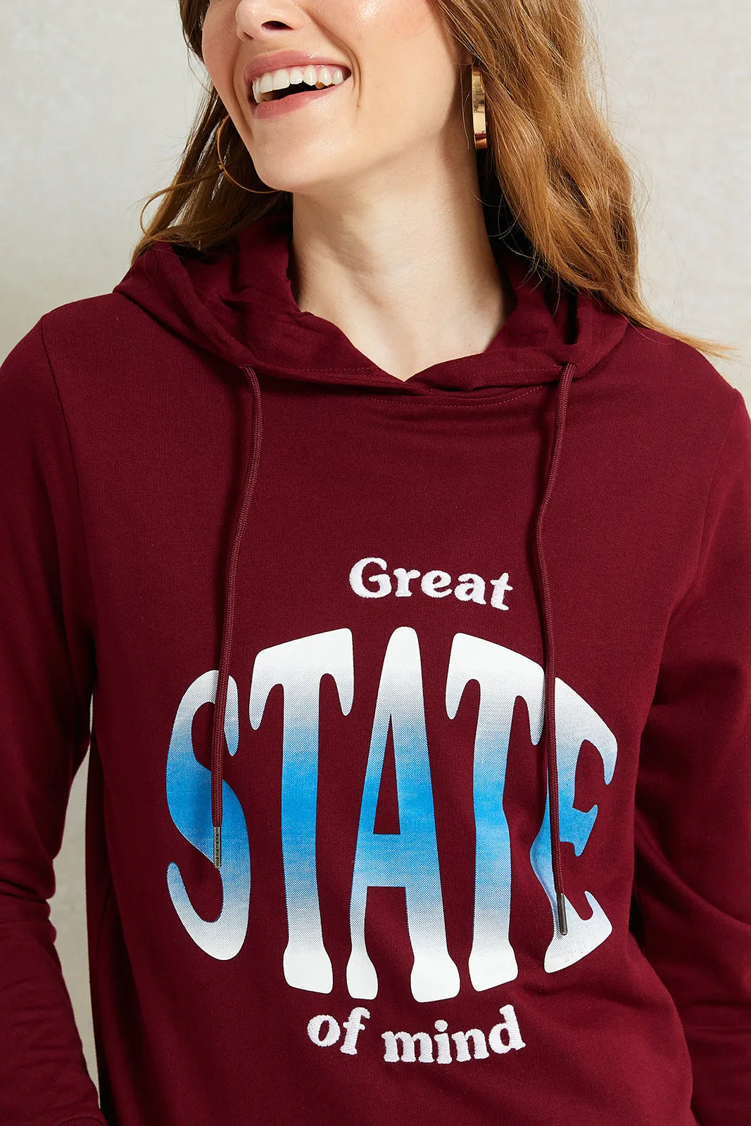 Women Burgundy Print Hooded Sweatshirt