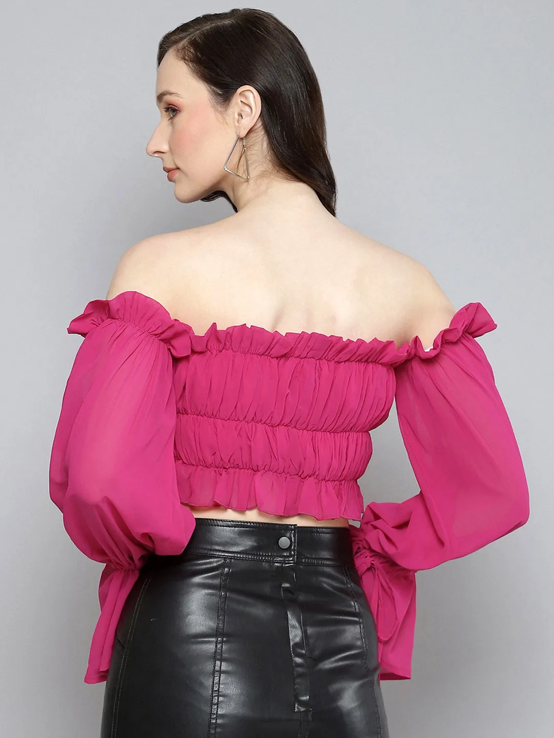 Women Fuchsia Off Shoulder Ruched Crop Top