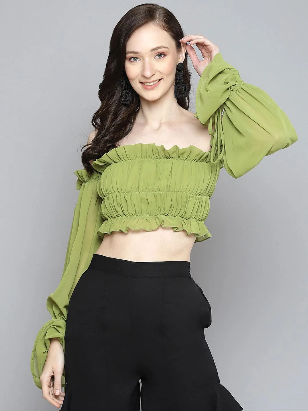 Women Green Off Shoulder Ruched Crop Top