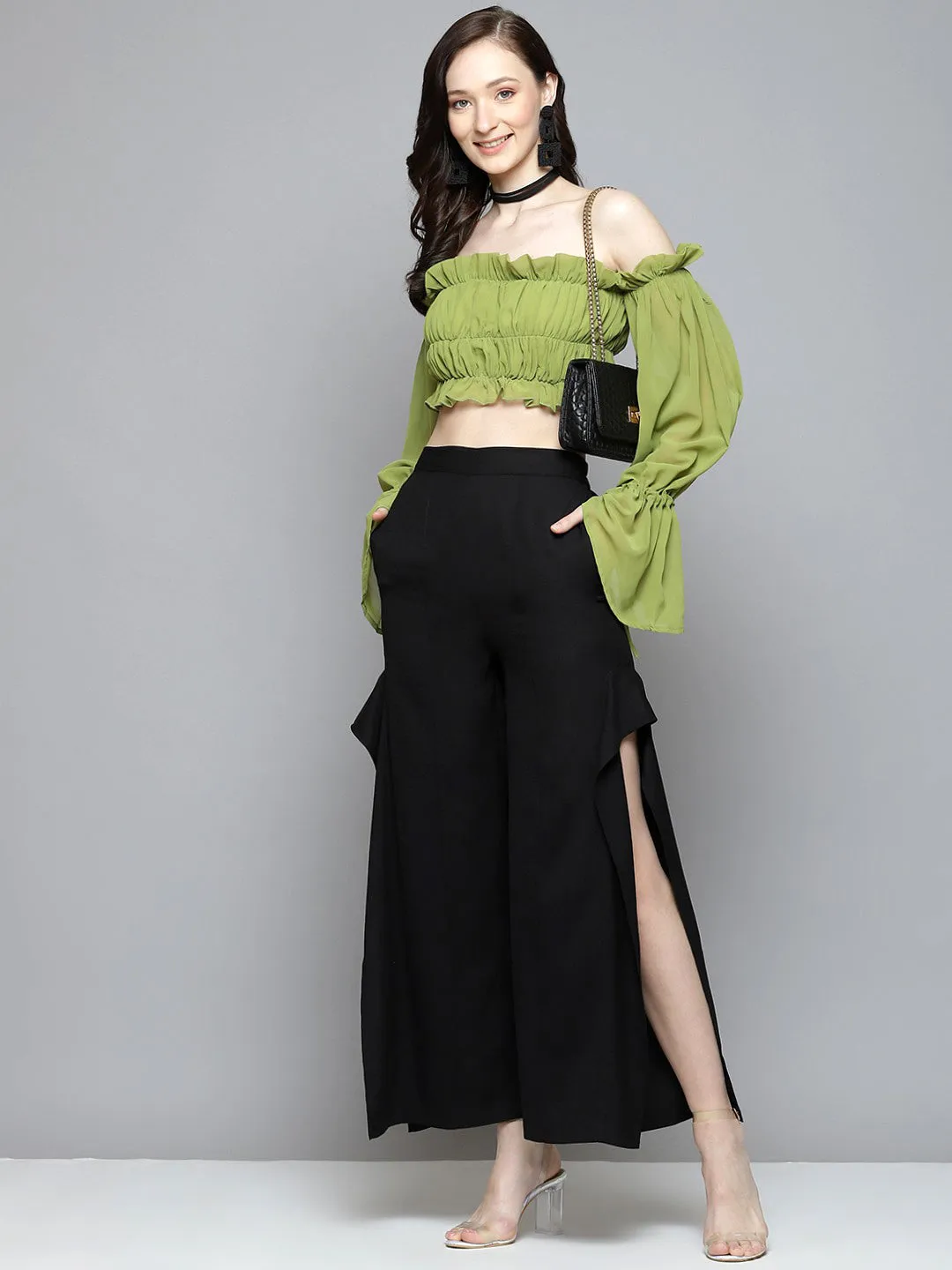 Women Green Off Shoulder Ruched Crop Top