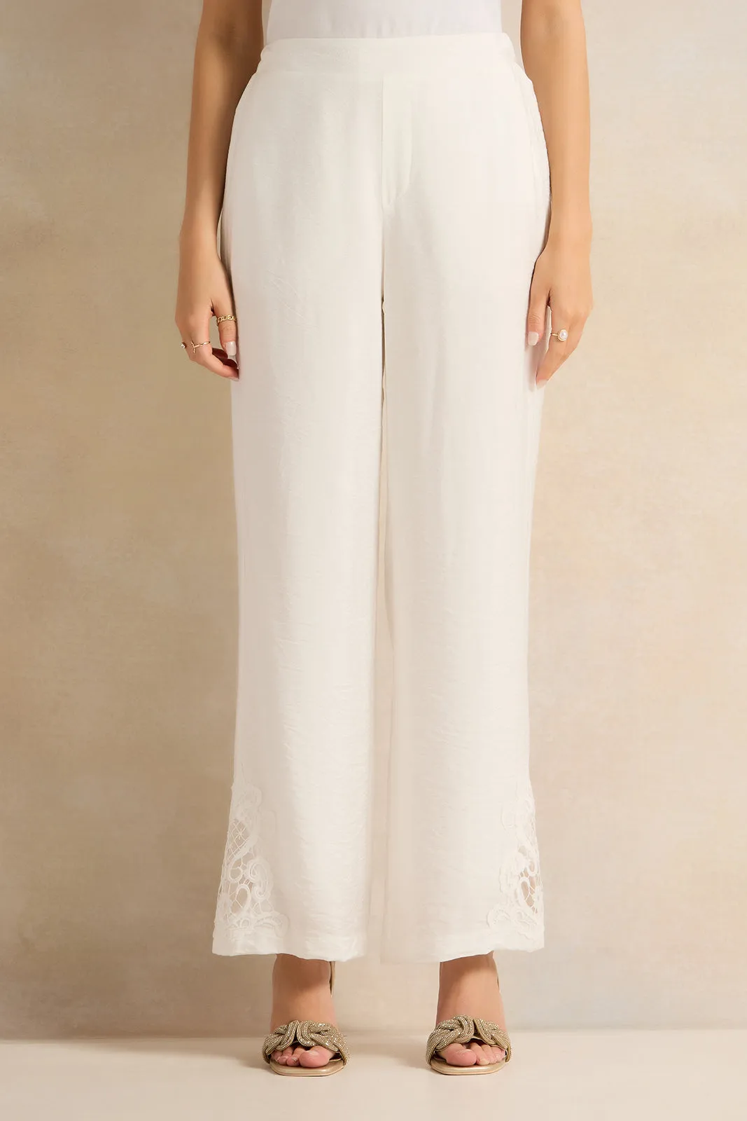 Women Ivory Embellished Wide Leg Trousers