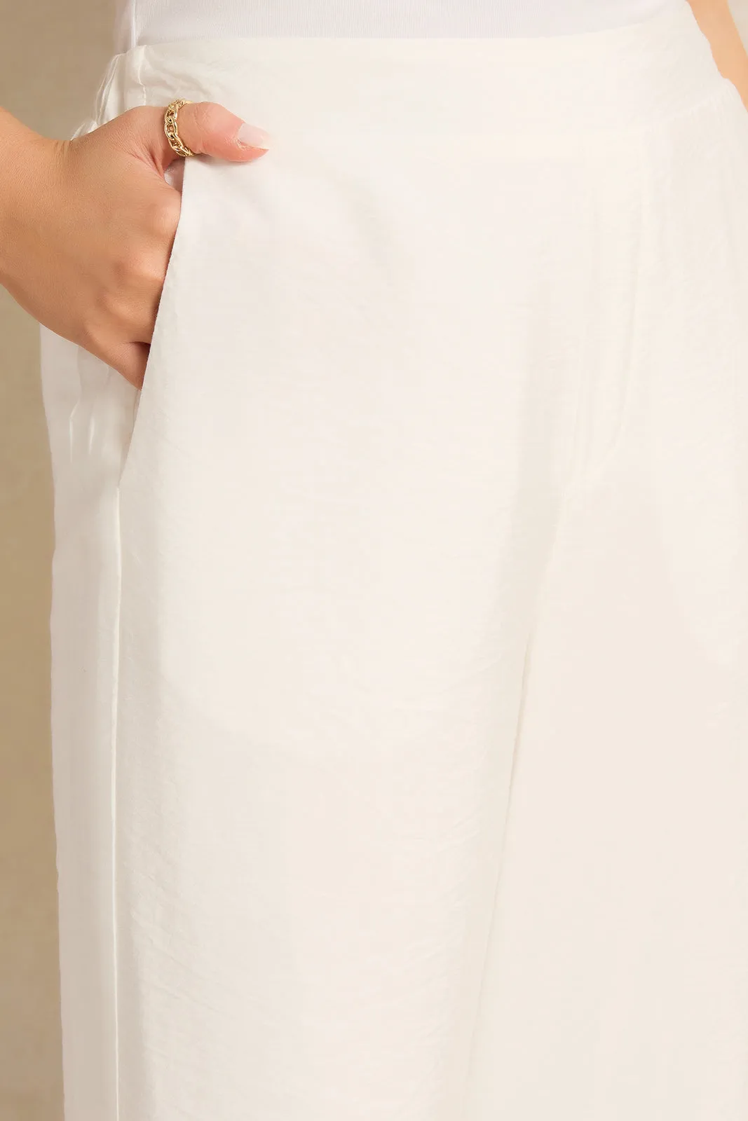 Women Ivory Embellished Wide Leg Trousers