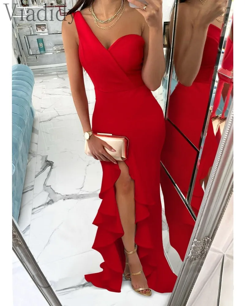 Women One Shoulder ruffles Dress