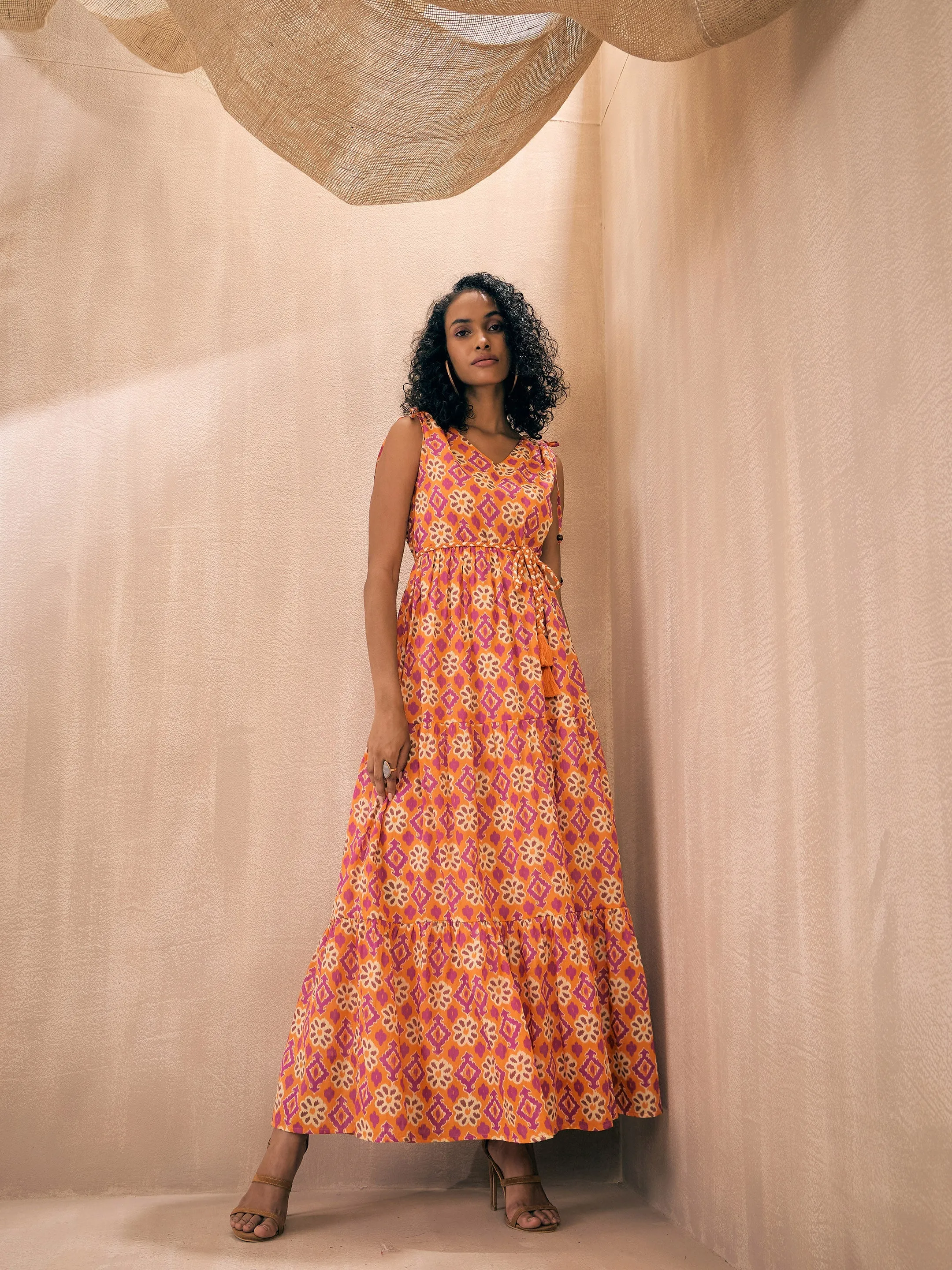 Women Orange Ikat Print Shoulder Tie Belted Tiered Maxi