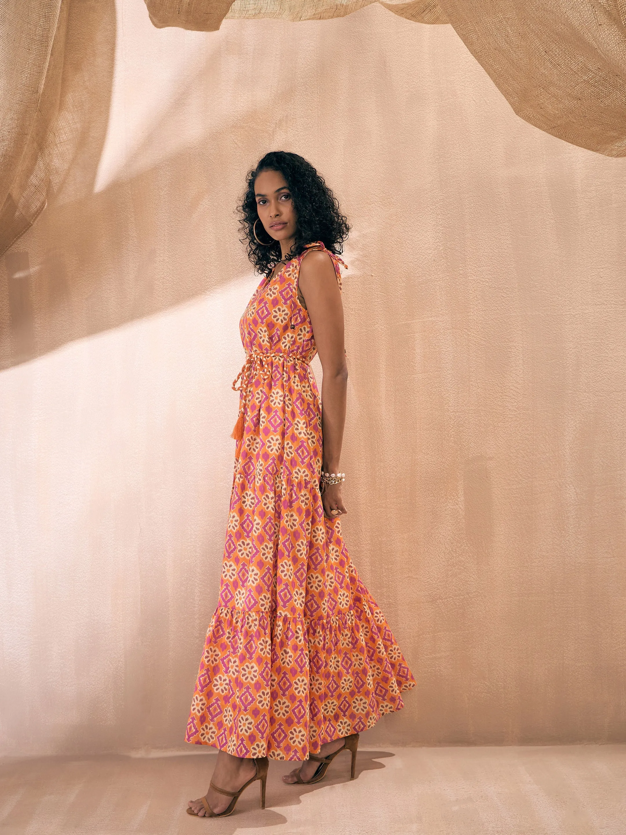 Women Orange Ikat Print Shoulder Tie Belted Tiered Maxi