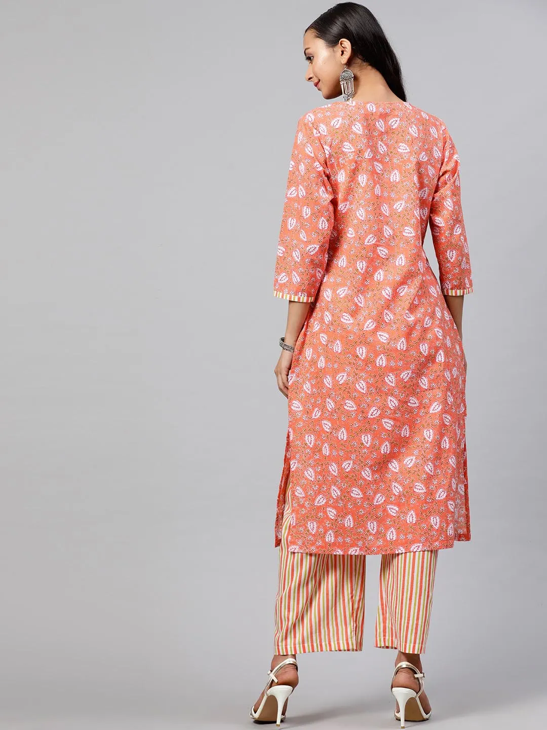 Women Orange Off-White Printed Kurta with Trousers