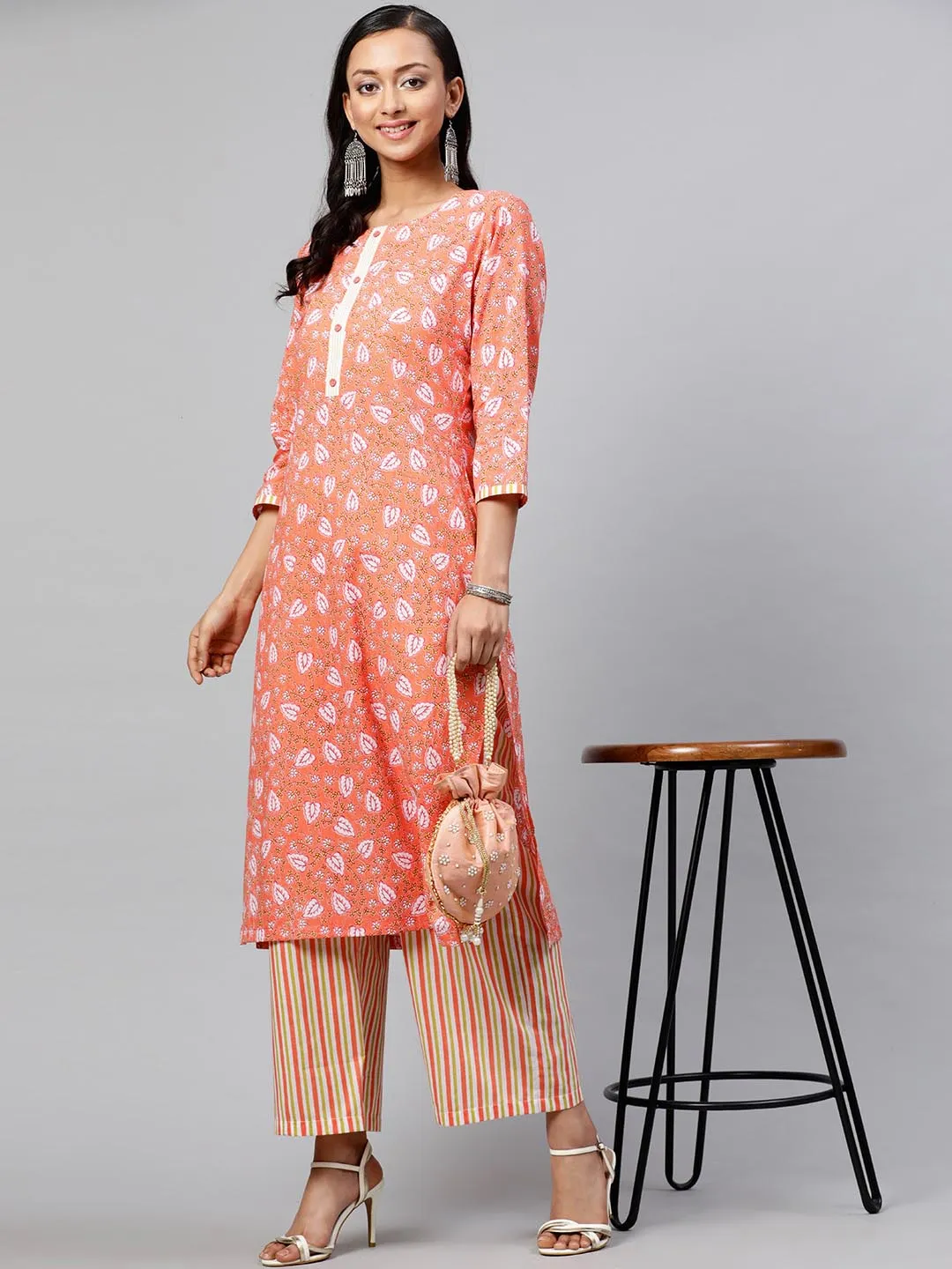 Women Orange Off-White Printed Kurta with Trousers