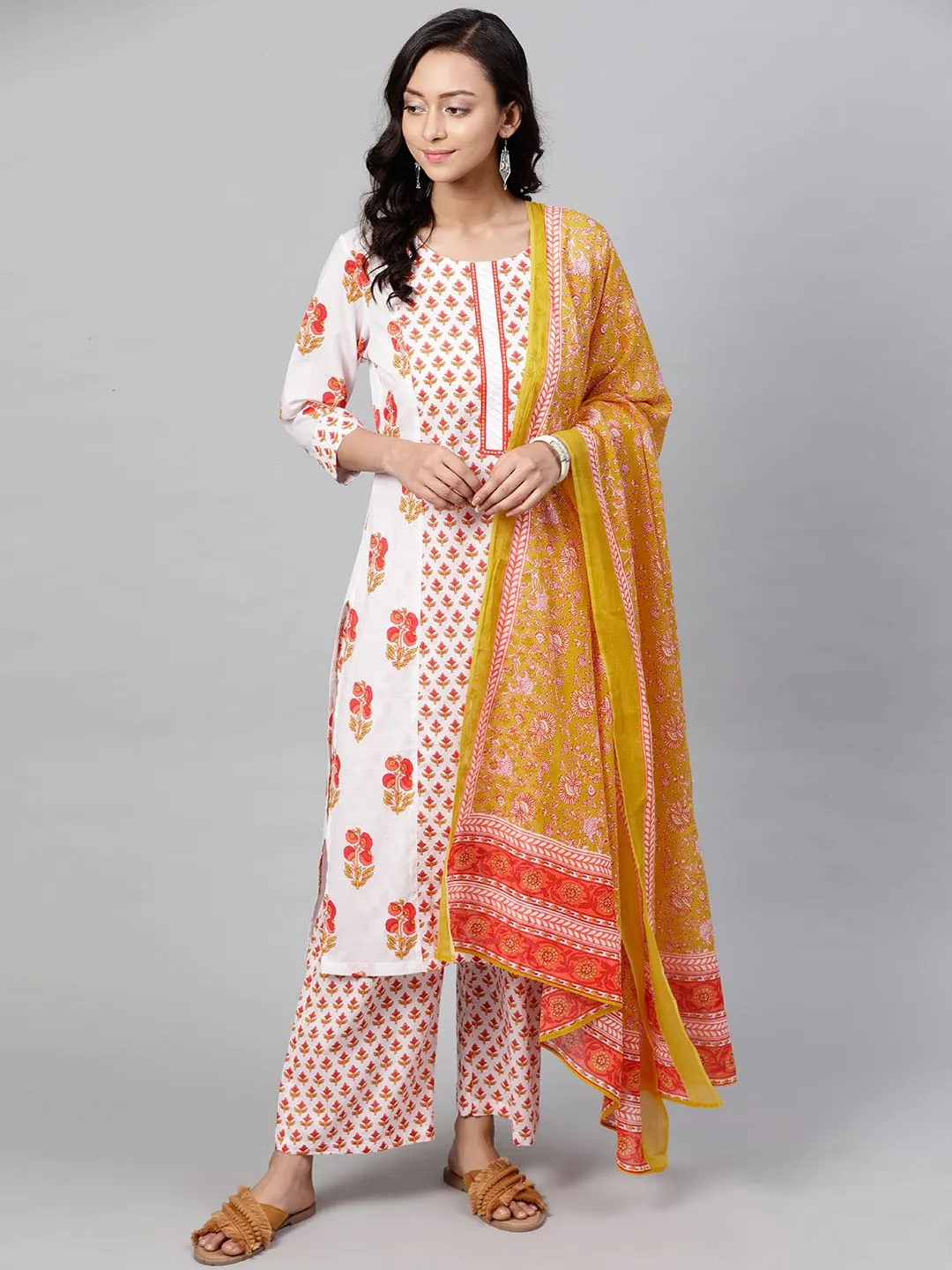 Women Orange White Yoke Design Kurta with Trousers Dupatta