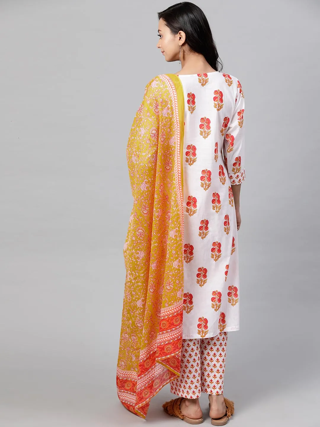 Women Orange White Yoke Design Kurta with Trousers Dupatta