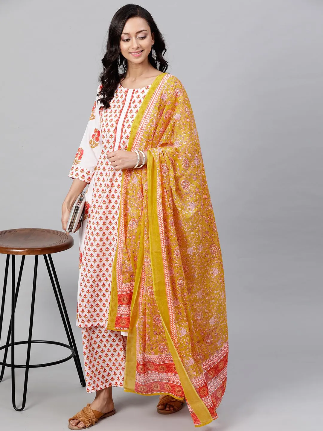 Women Orange White Yoke Design Kurta with Trousers Dupatta