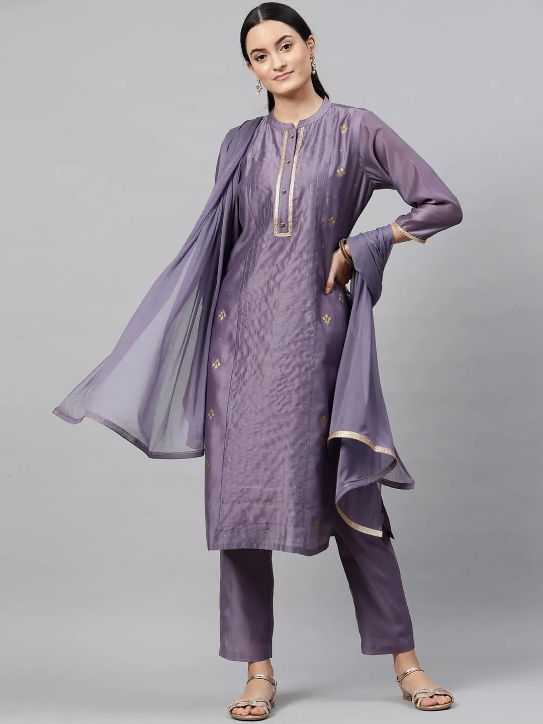 Women Purple Woven Design Kurta with Trousers Dupatta