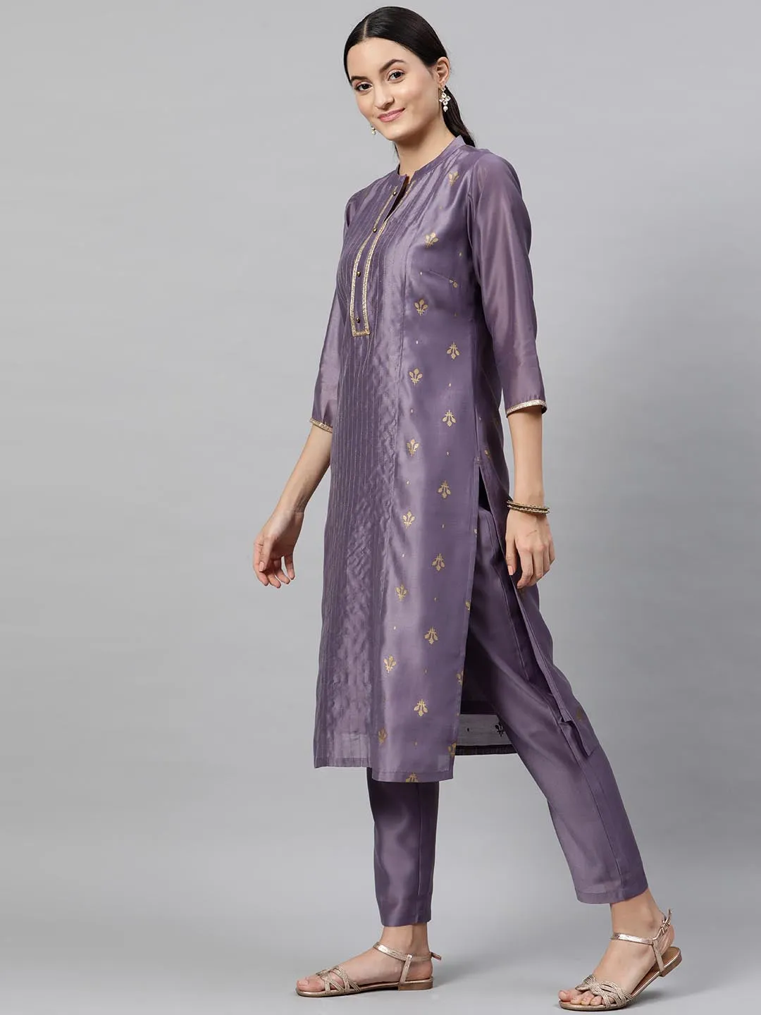 Women Purple Woven Design Kurta with Trousers Dupatta