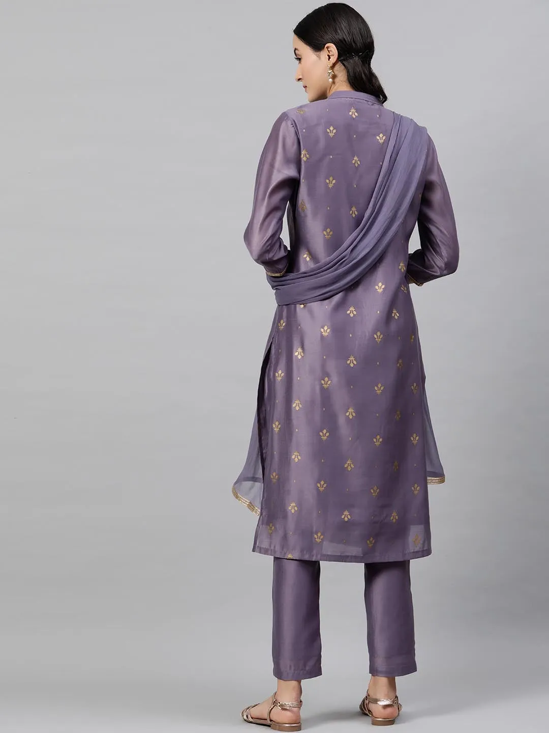 Women Purple Woven Design Kurta with Trousers Dupatta